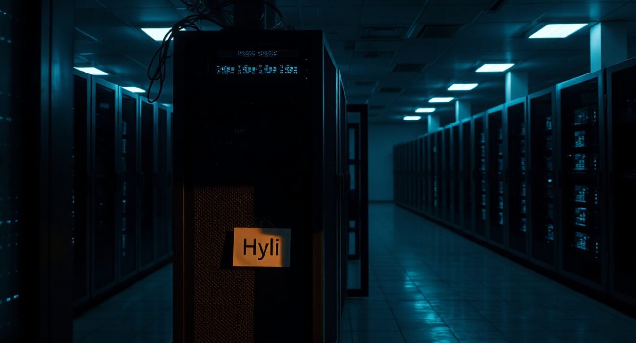 Dimly lit data center with Hyli server rack partially powered down, symbolizing project closure.