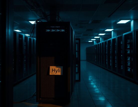 Dimly lit data center with Hyli server rack partially powered down, symbolizing project closure.