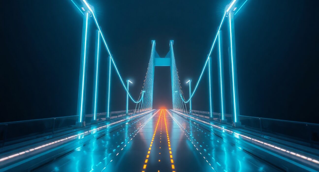 Digital bridge with outward flowing streams of currency representing capital flight from Hyperliquid after HYPE all-time high