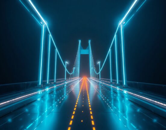Digital bridge with outward flowing streams of currency representing capital flight from Hyperliquid after HYPE all-time high