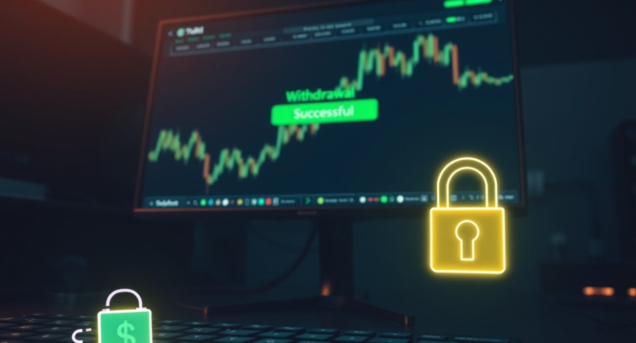 A monitor showing a cryptocurrency withdrawal confirmation with a wallet and staking icon in the foreground.