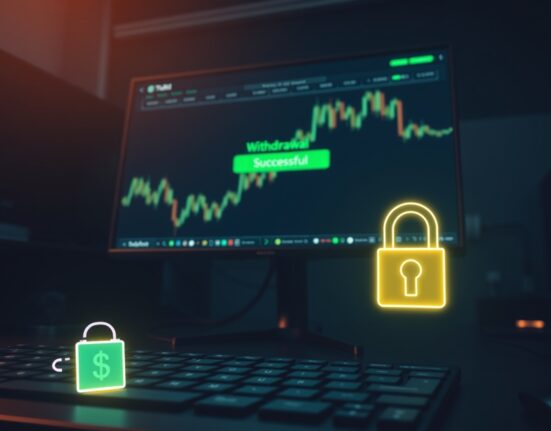 A monitor showing a cryptocurrency withdrawal confirmation with a wallet and staking icon in the foreground.