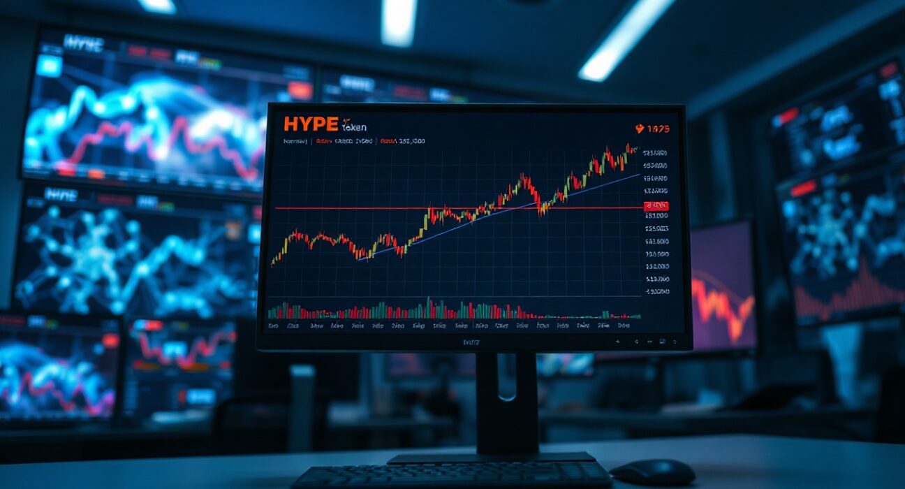 A trading desk monitor displays a bullish HYPE token chart in a dimly lit professional office.