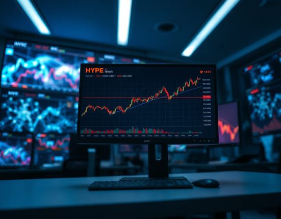 A trading desk monitor displays a bullish HYPE token chart in a dimly lit professional office.