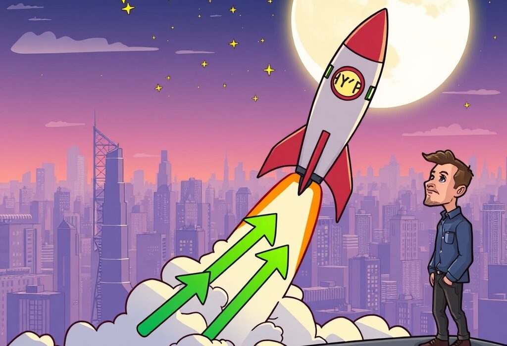 A cartoon rocket labeled 'HYPE' soaring towards the moon, representing Arthur Hayes' astounding HYPE crypto prediction.