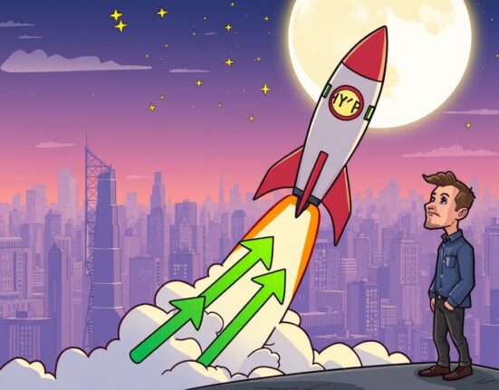 A cartoon rocket labeled 'HYPE' soaring towards the moon, representing Arthur Hayes' astounding HYPE crypto prediction.