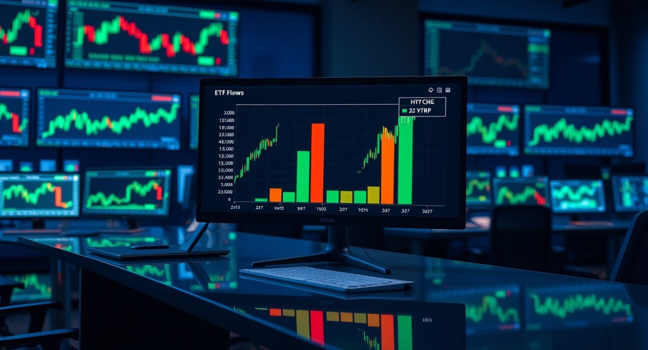 Financial dashboard showing ETF flow data with Bitcoin outflows and HYPE inflows on multiple monitors