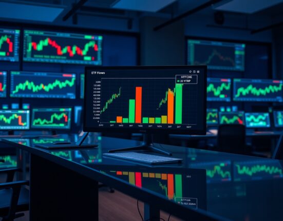 Financial dashboard showing ETF flow data with Bitcoin outflows and HYPE inflows on multiple monitors