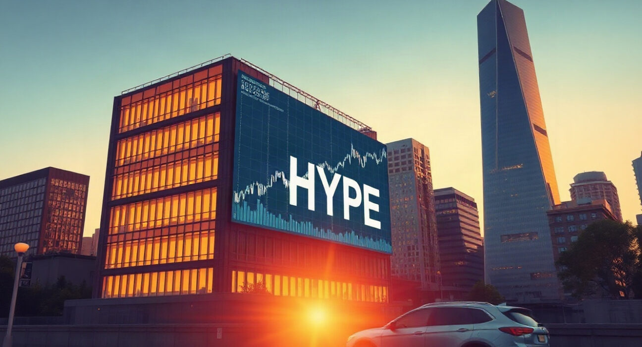 Financial district skyline with digital chart display representing Hyperliquid's market activity