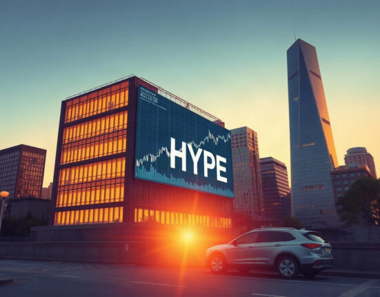 Financial district skyline with digital chart display representing Hyperliquid's market activity