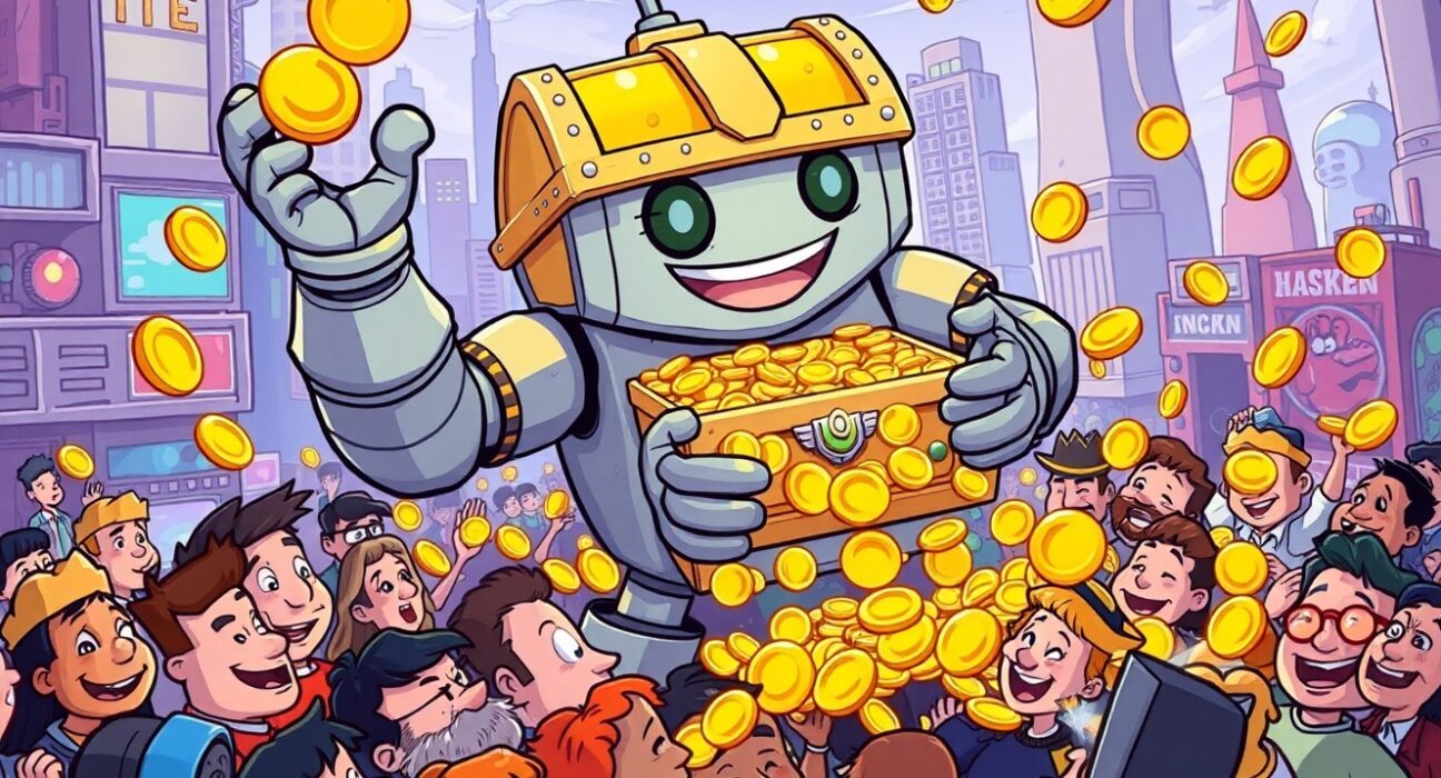 A vibrant cartoon illustrating massive token buybacks returning value to a crypto community.
