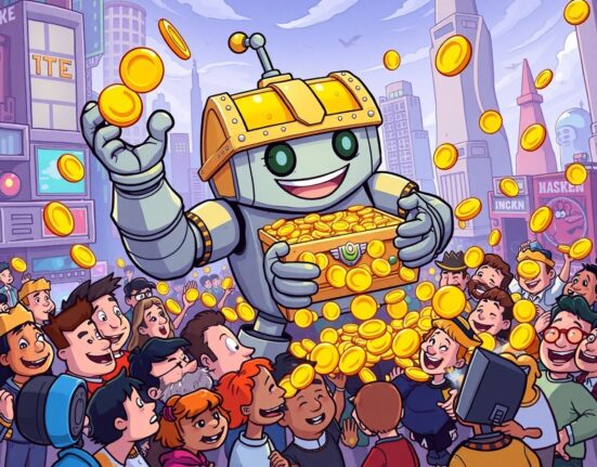 A vibrant cartoon illustrating massive token buybacks returning value to a crypto community.