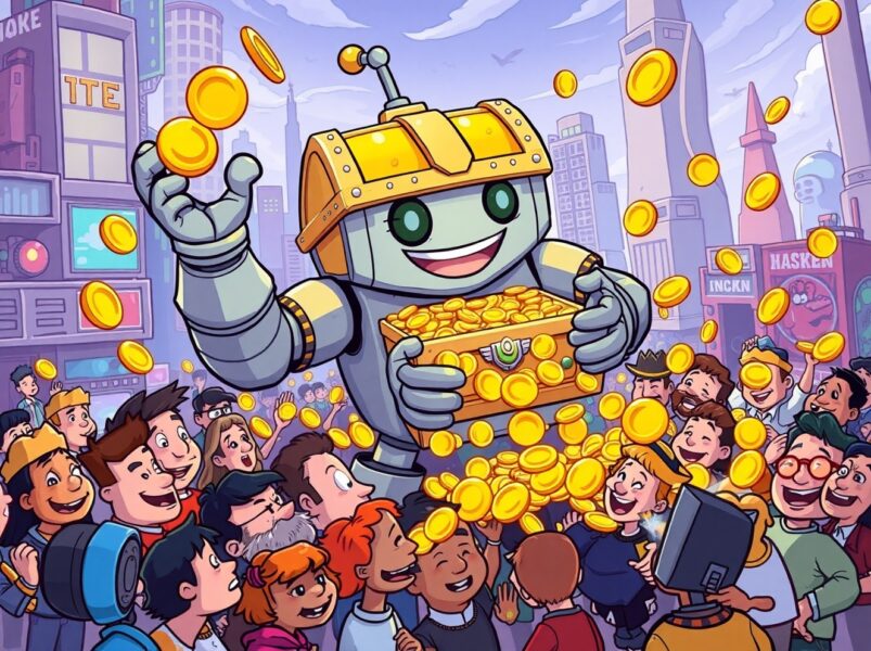A vibrant cartoon illustrating massive token buybacks returning value to a crypto community.