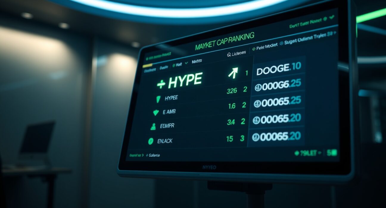 Cryptocurrency market cap ranking display showing HYPE surpassing Dogecoin for the 10th position.