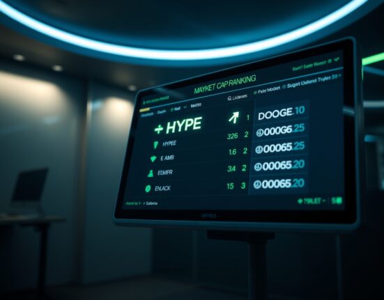 Cryptocurrency market cap ranking display showing HYPE surpassing Dogecoin for the 10th position.