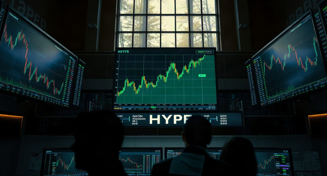 Trading screens showing HYPE token price surge on a financial floor