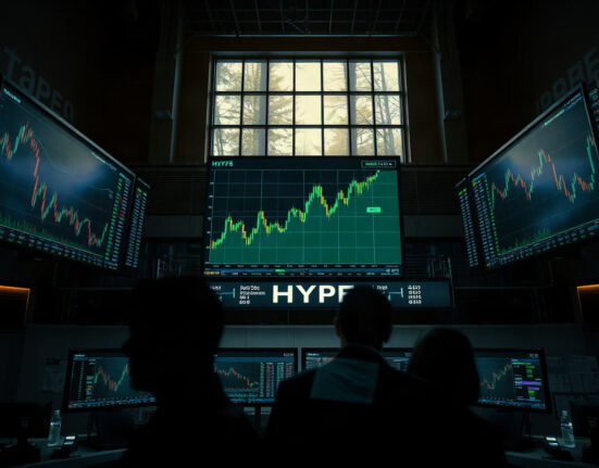 Trading screens showing HYPE token price surge on a financial floor