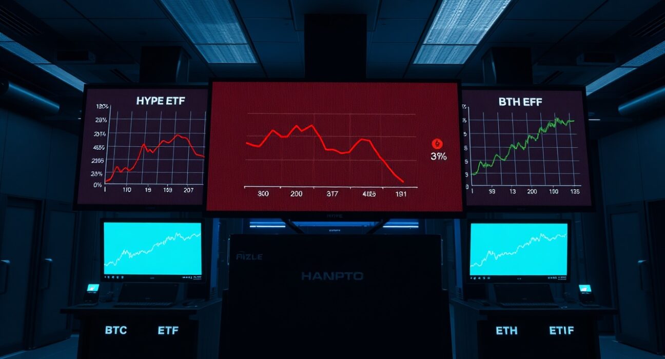 Financial trading floor screens showing HYPE ETF outflows contrasted with Bitcoin and Ethereum ETF inflows