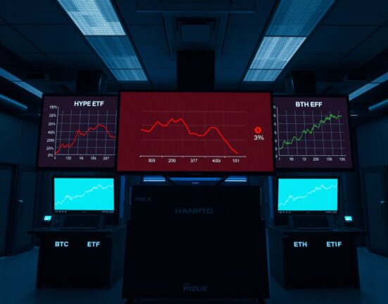 Financial trading floor screens showing HYPE ETF outflows contrasted with Bitcoin and Ethereum ETF inflows