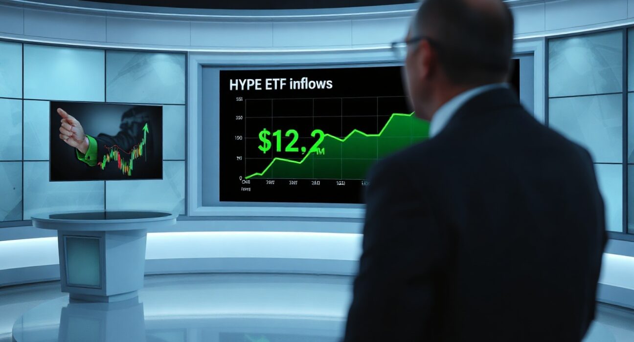 Financial news studio with digital screen showing HYPE ETF inflow data of $12.14 million