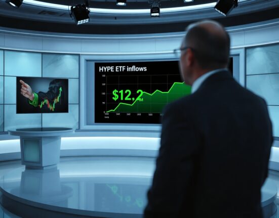 Financial news studio with digital screen showing HYPE ETF inflow data of $12.14 million