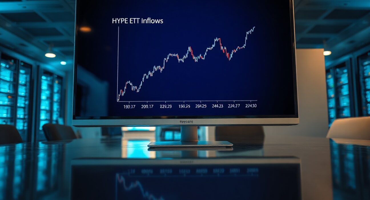 Digital screen showing HYPE ETF inflow chart in a modern trading environment