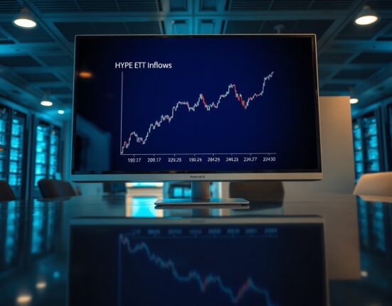 Digital screen showing HYPE ETF inflow chart in a modern trading environment