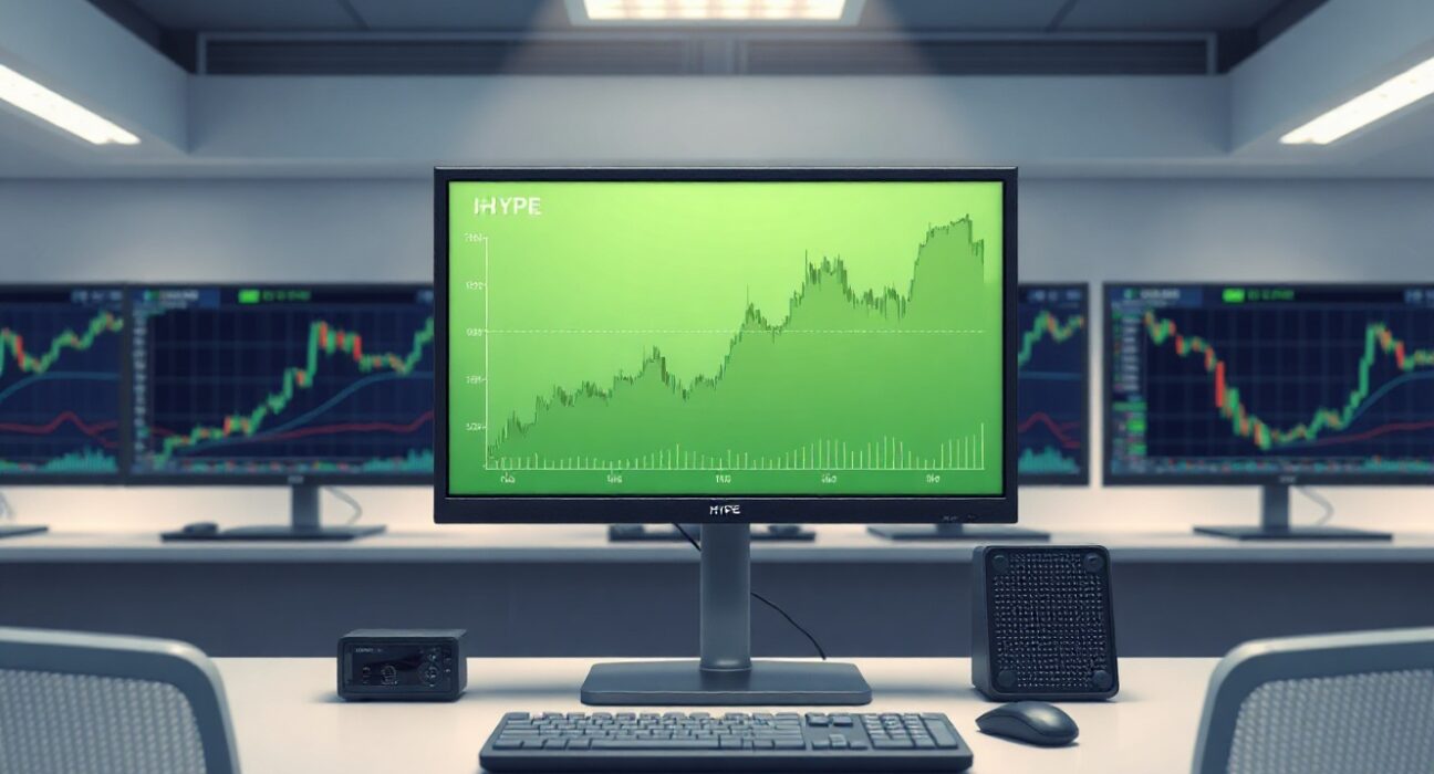 Financial trading monitors showing HYPE cryptocurrency chart with upward trend