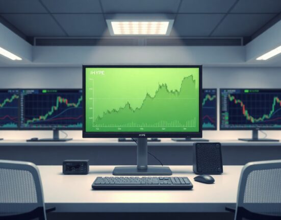 Financial trading monitors showing HYPE cryptocurrency chart with upward trend