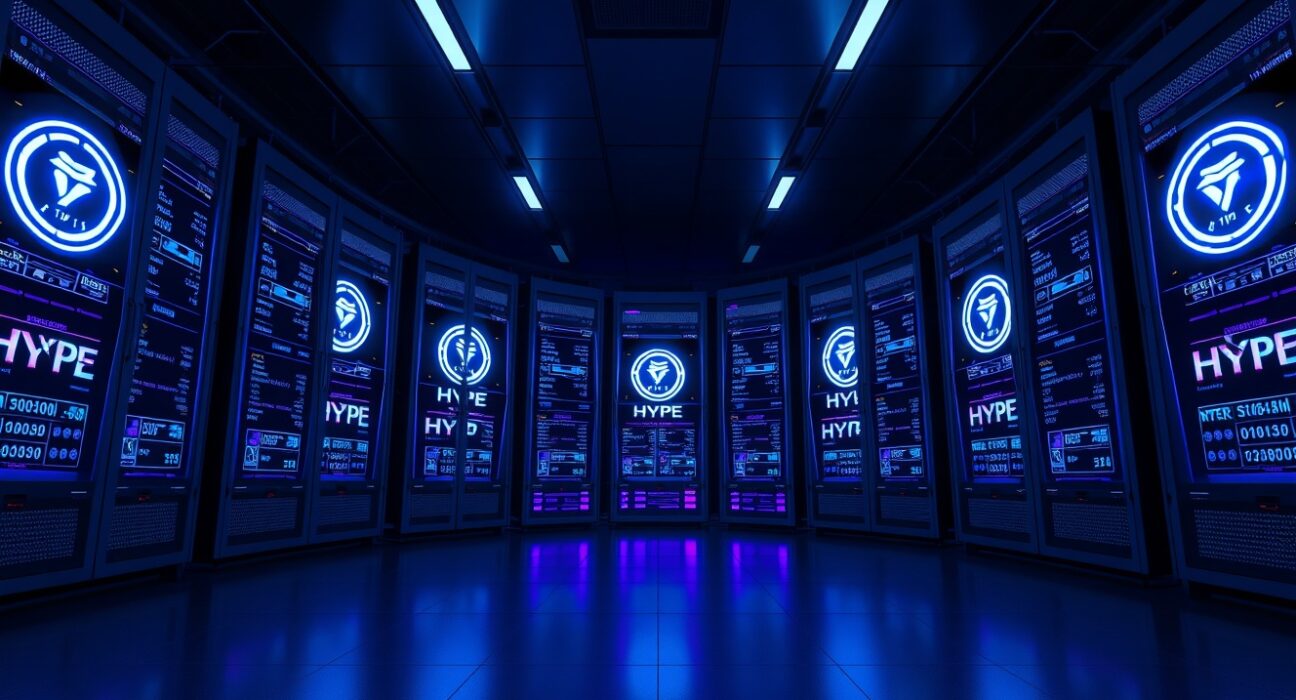 Eight glowing screens showing large HYPE token staking amounts in a modern server room.