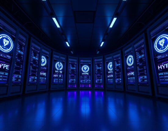 Eight glowing screens showing large HYPE token staking amounts in a modern server room.