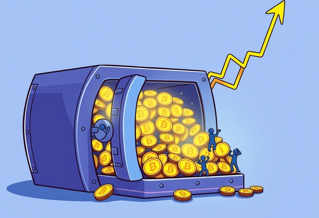 A cartoon illustration showing HYPE staking growth with tokens securely locked, symbolizing the new all-time high for Hyperliquid's HYPE token.