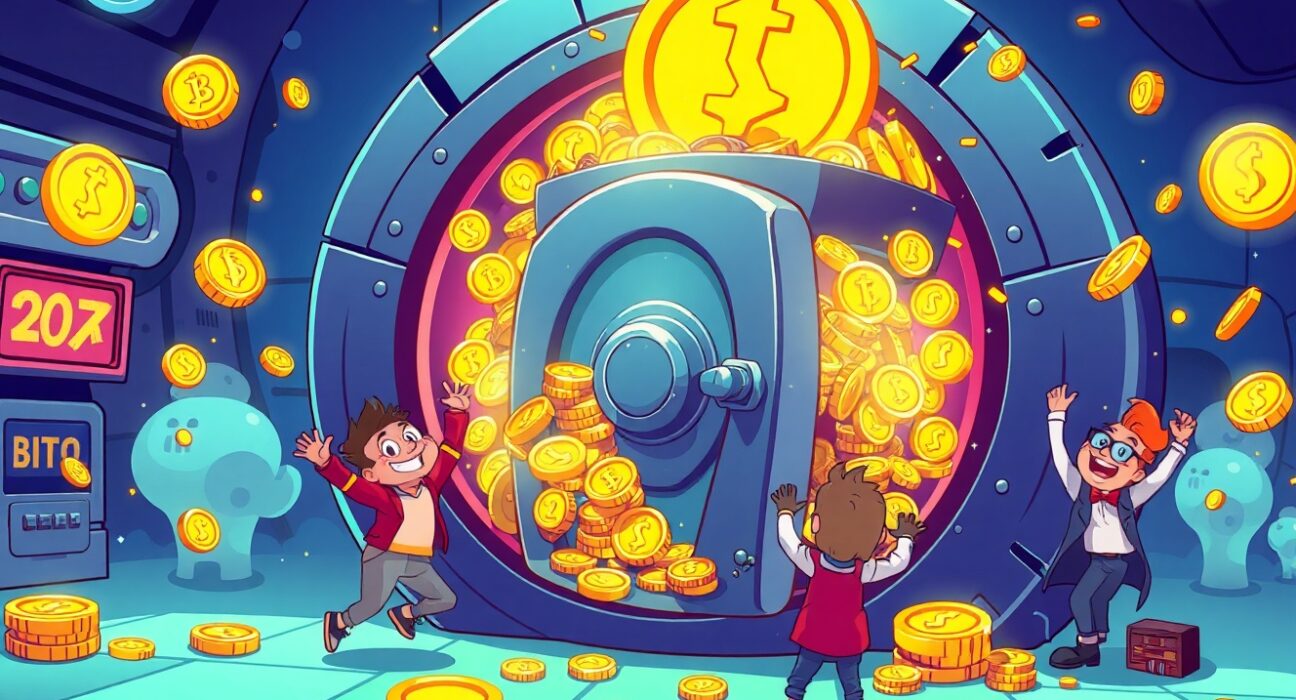 Celebratory scene showing HYPE staking rewards distribution in vibrant cartoon style with digital coins and happy characters