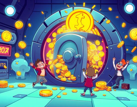 Celebratory scene showing HYPE staking rewards distribution in vibrant cartoon style with digital coins and happy characters