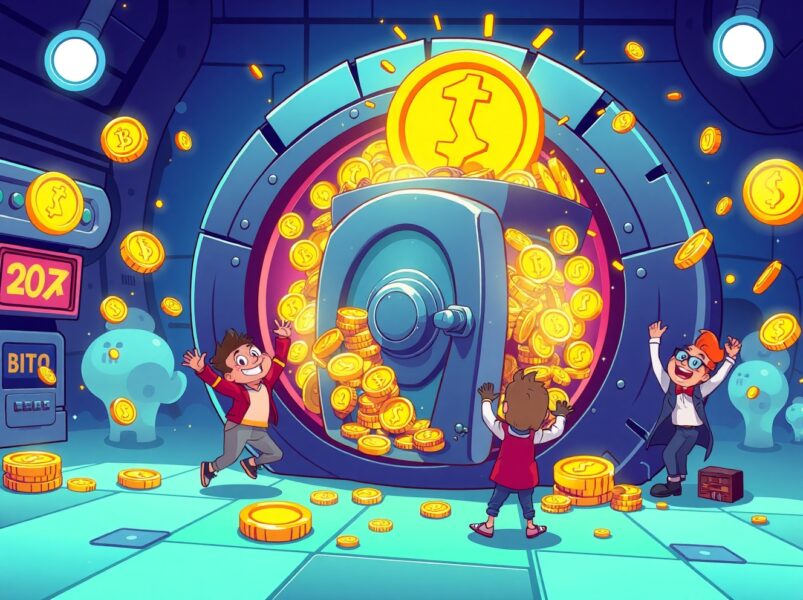 Celebratory scene showing HYPE staking rewards distribution in vibrant cartoon style with digital coins and happy characters