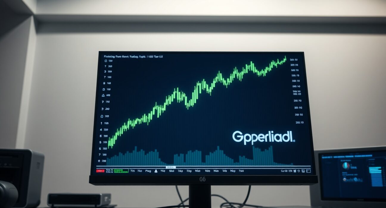 Hyperliquid token price chart showing a strong upward trend on a trading desk monitor.