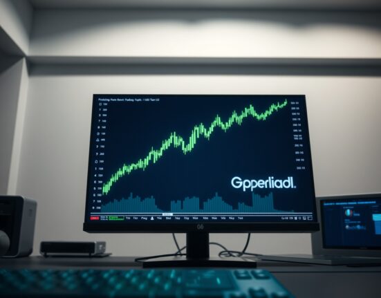 Hyperliquid token price chart showing a strong upward trend on a trading desk monitor.