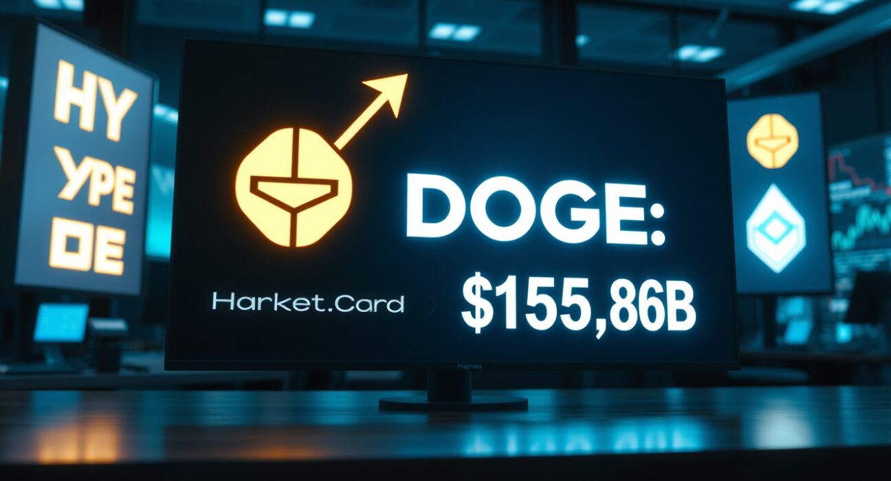 HYPE logo and market cap surpassing Dogecoin on a digital display board