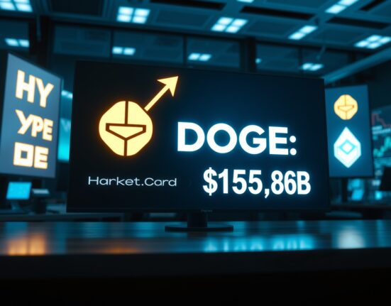 HYPE logo and market cap surpassing Dogecoin on a digital display board