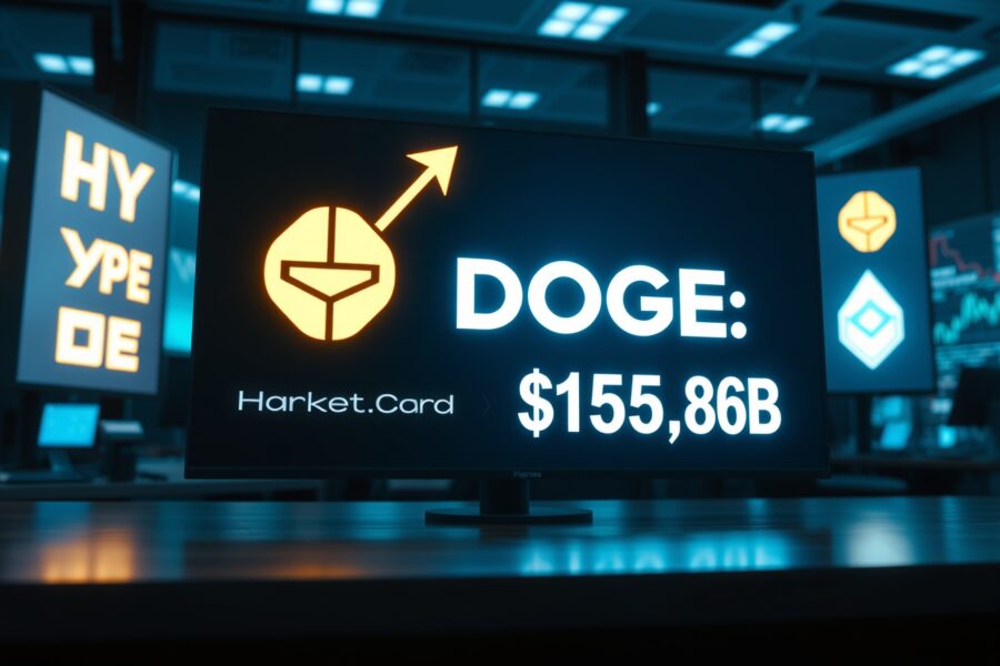 HYPE logo and market cap surpassing Dogecoin on a digital display board