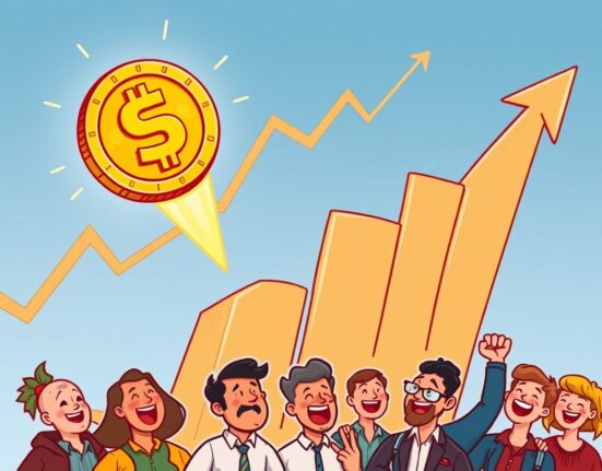 A vibrant cartoon showing the HYPE token soaring past a $50 milestone, symbolizing its new all-time high and market excitement.