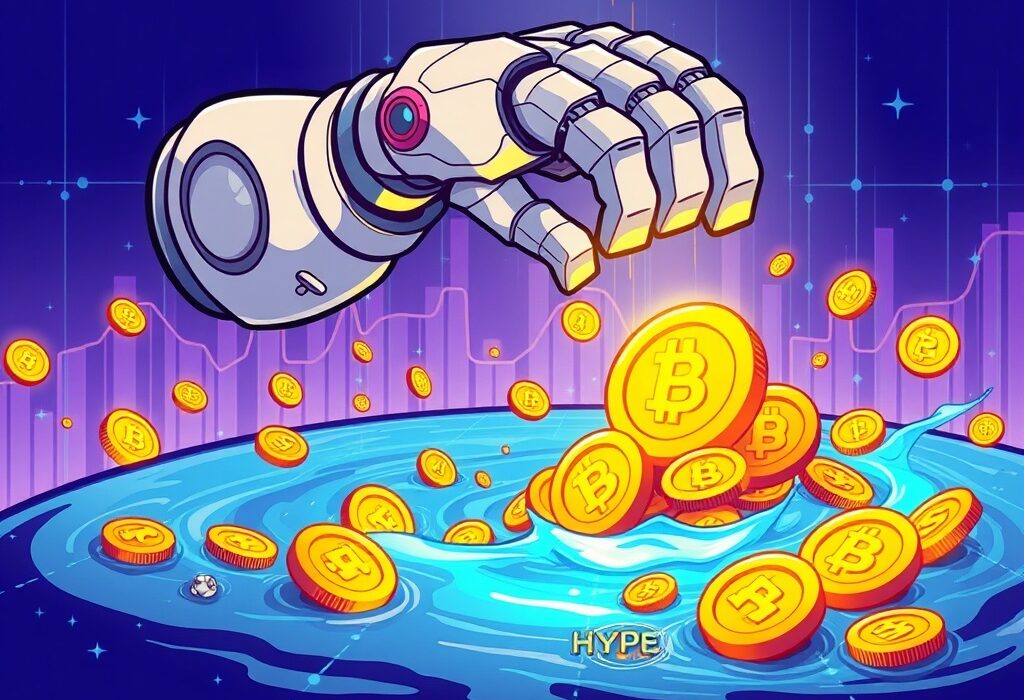 A cartoon illustration symbolizing Hyperliquid AF's strategic HYPE token buyback, showcasing significant financial movement and market impact.