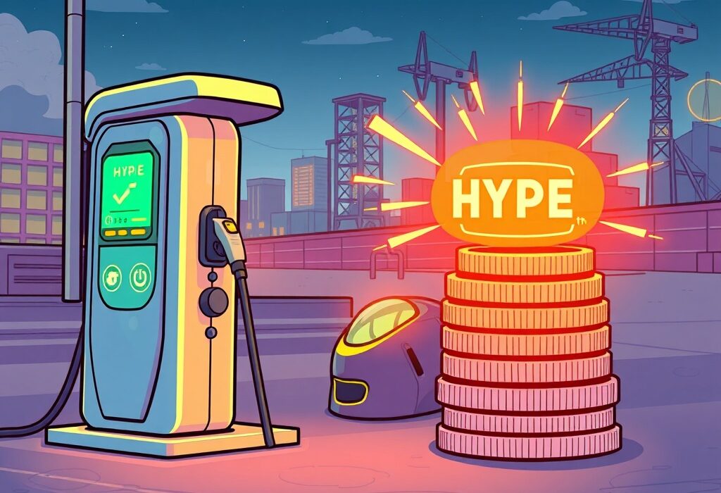 A cartoon illustration showing an EV charging station connected to blockchain nodes, symbolizing Nuvve's investment in HYPE tokens for energy innovation.