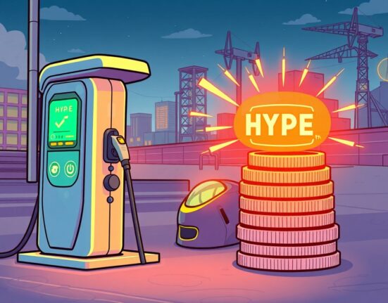 A cartoon illustration showing an EV charging station connected to blockchain nodes, symbolizing Nuvve's investment in HYPE tokens for energy innovation.