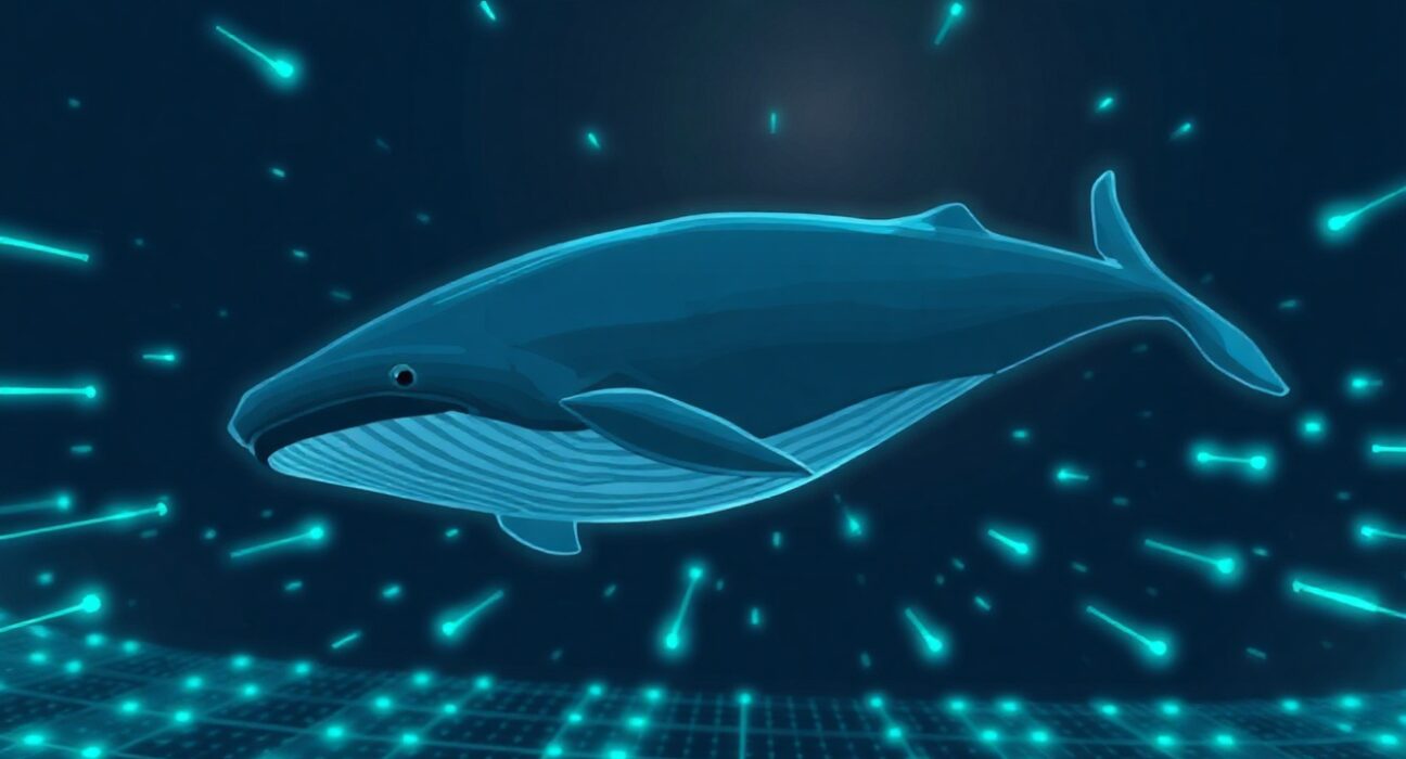 Digital whale swimming through blockchain data streams representing a large HYPE unstaking transaction.