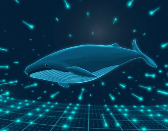 Digital whale swimming through blockchain data streams representing a large HYPE unstaking transaction.