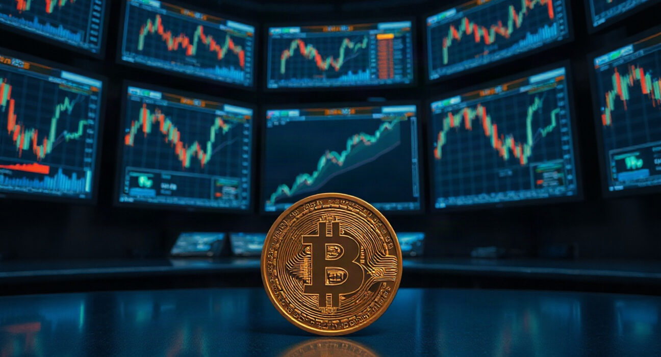 Digital screens showing crypto charts with a HYPE token coin in the foreground