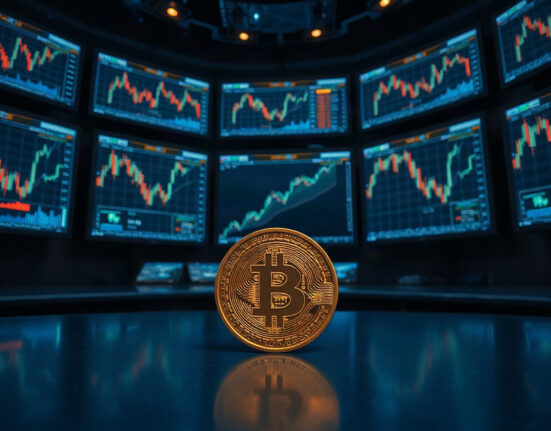 Digital screens showing crypto charts with a HYPE token coin in the foreground