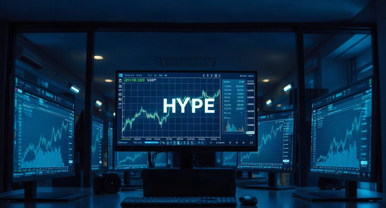 Cryptocurrency trading screens showing HYPE token price charts in a modern office