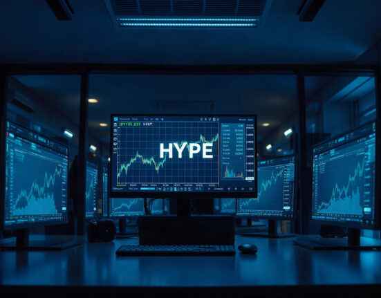Cryptocurrency trading screens showing HYPE token price charts in a modern office